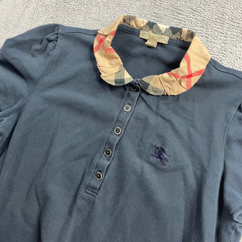 Burberry Brit Womens Navy Blue Nova Check Ruffle Collar Puff Sleeve Polo Shirt M